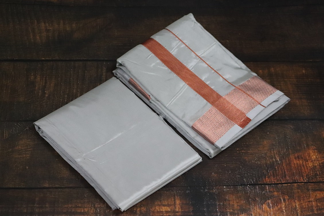 Artsilk Smoke Grey Combo Set (Shirt Fabric+Dhoti) with 100k Copper Border