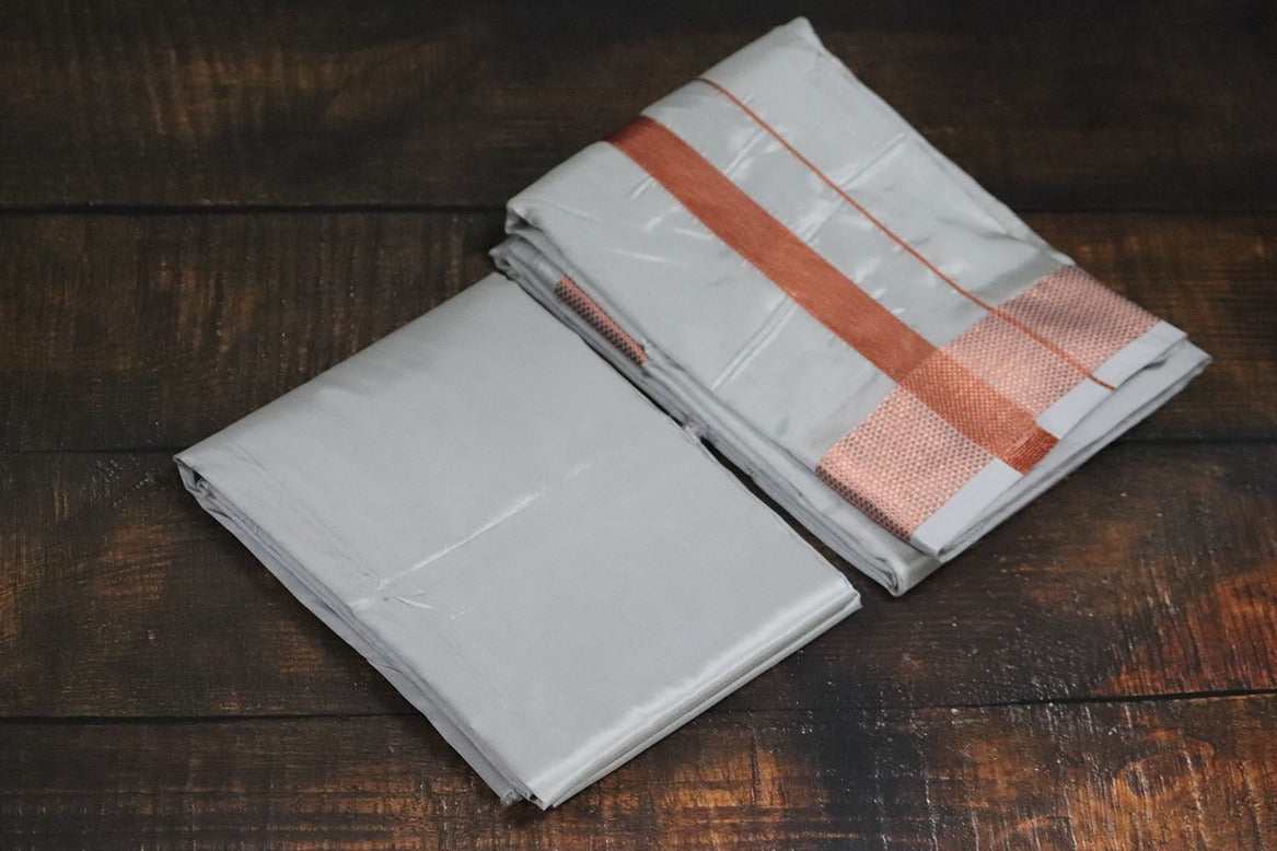Artsilk Smoke Grey Combo Set (Shirt Fabric+Dhoti) with 100k Copper Border