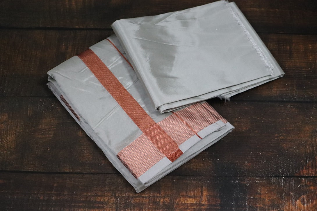 Artsilk Smoke Grey Combo Set (Shirt Fabric+Dhoti) with 100k Copper Border