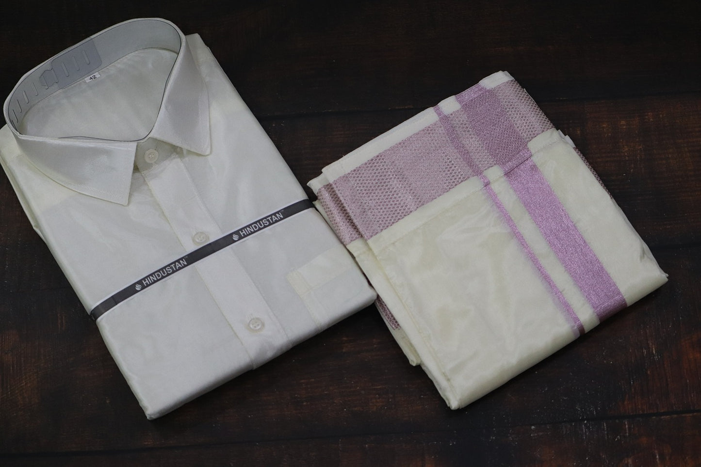 Artsilk Cream Shirt+Dhoti with 100k Pink Border Matching Set