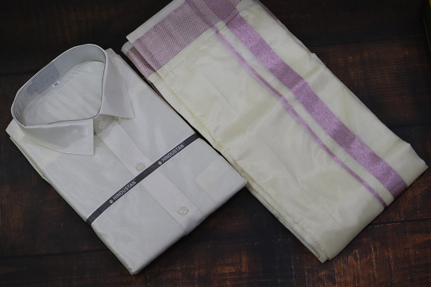 Artsilk Cream Shirt+Dhoti with 100k Pink Border Matching Set