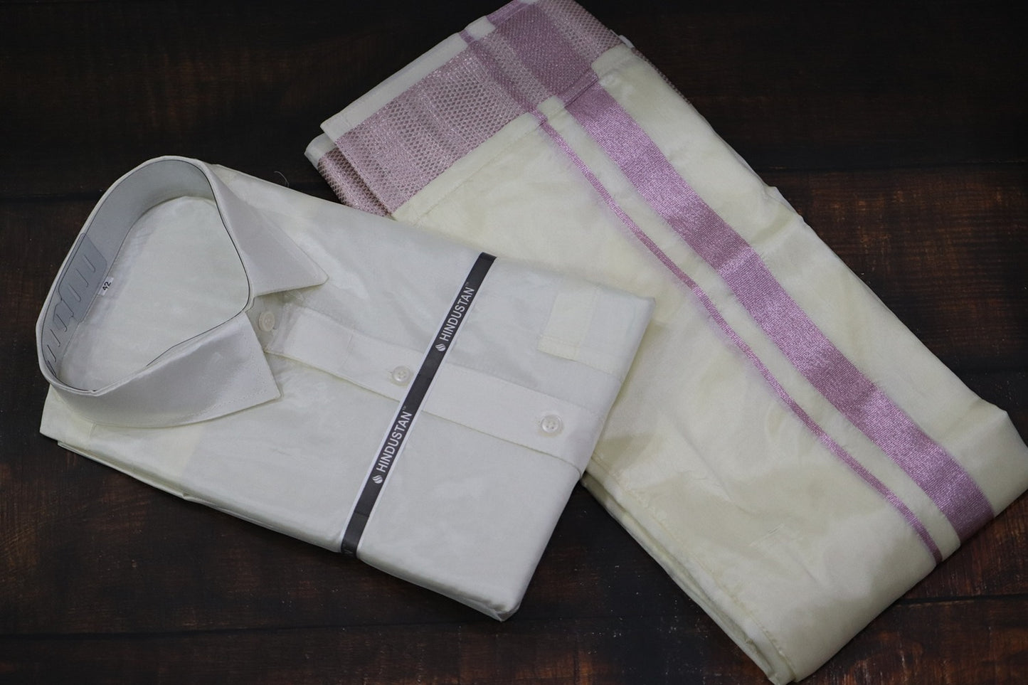 Artsilk Cream Shirt+Dhoti with 100k Pink Border Matching Set