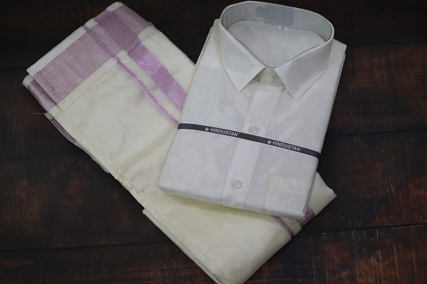 Artsilk Cream Shirt+Dhoti with 100k Pink Border Matching Set