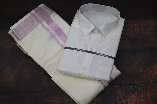 Artsilk Cream Shirt+Dhoti with 100k Pink Border Matching Set