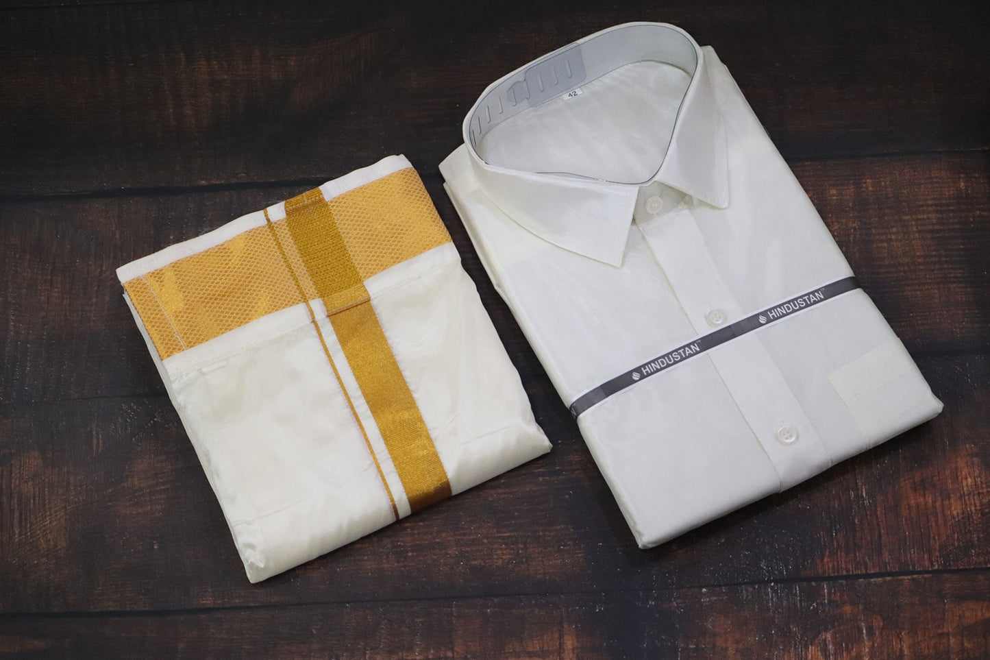 Artsilk Cream Shirt + Dhoti with 100k Gold Border Matching Set