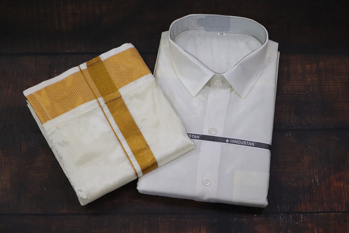 Artsilk Cream Shirt + Dhoti with 100k Gold Border Matching Set
