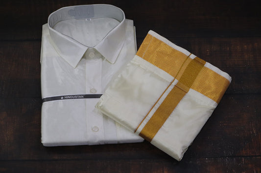 Artsilk Cream Shirt + Dhoti with 100k Gold Border Matching Set