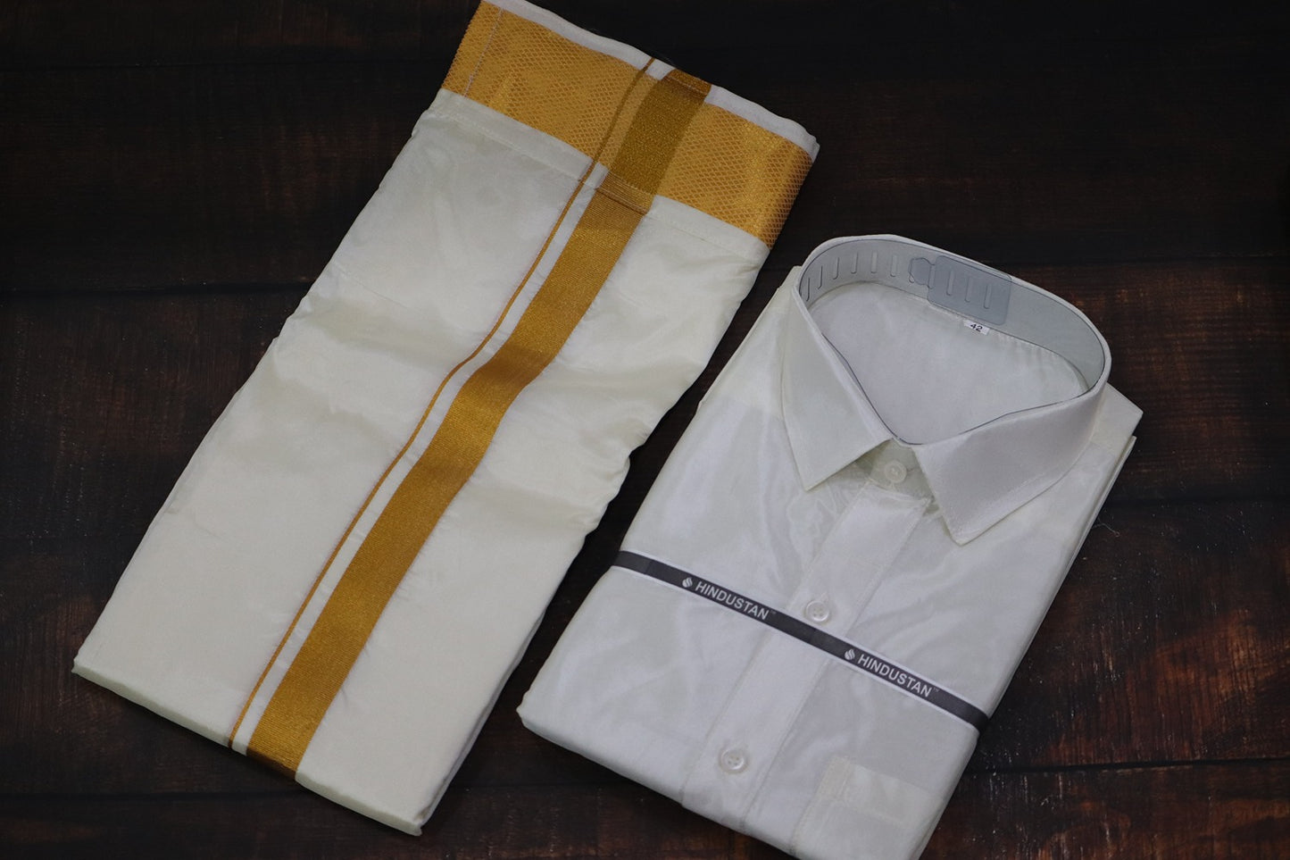 Artsilk Cream Shirt + Dhoti with 100k Gold Border Matching Set