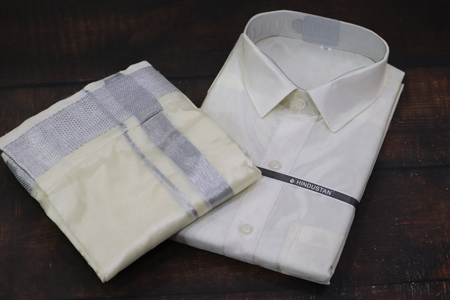 Artsilk Cream Shirt+Dhoti 100k Silver Border Matching Set