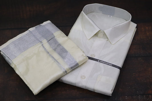 Artsilk Cream Shirt+Dhoti 100k Silver Border Matching Set
