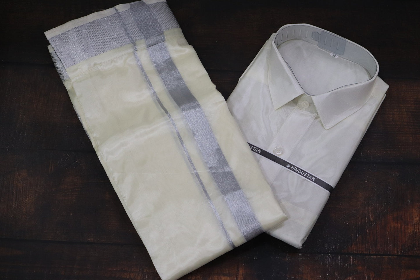 Artsilk Cream Shirt+Dhoti 100k Silver Border Matching Set