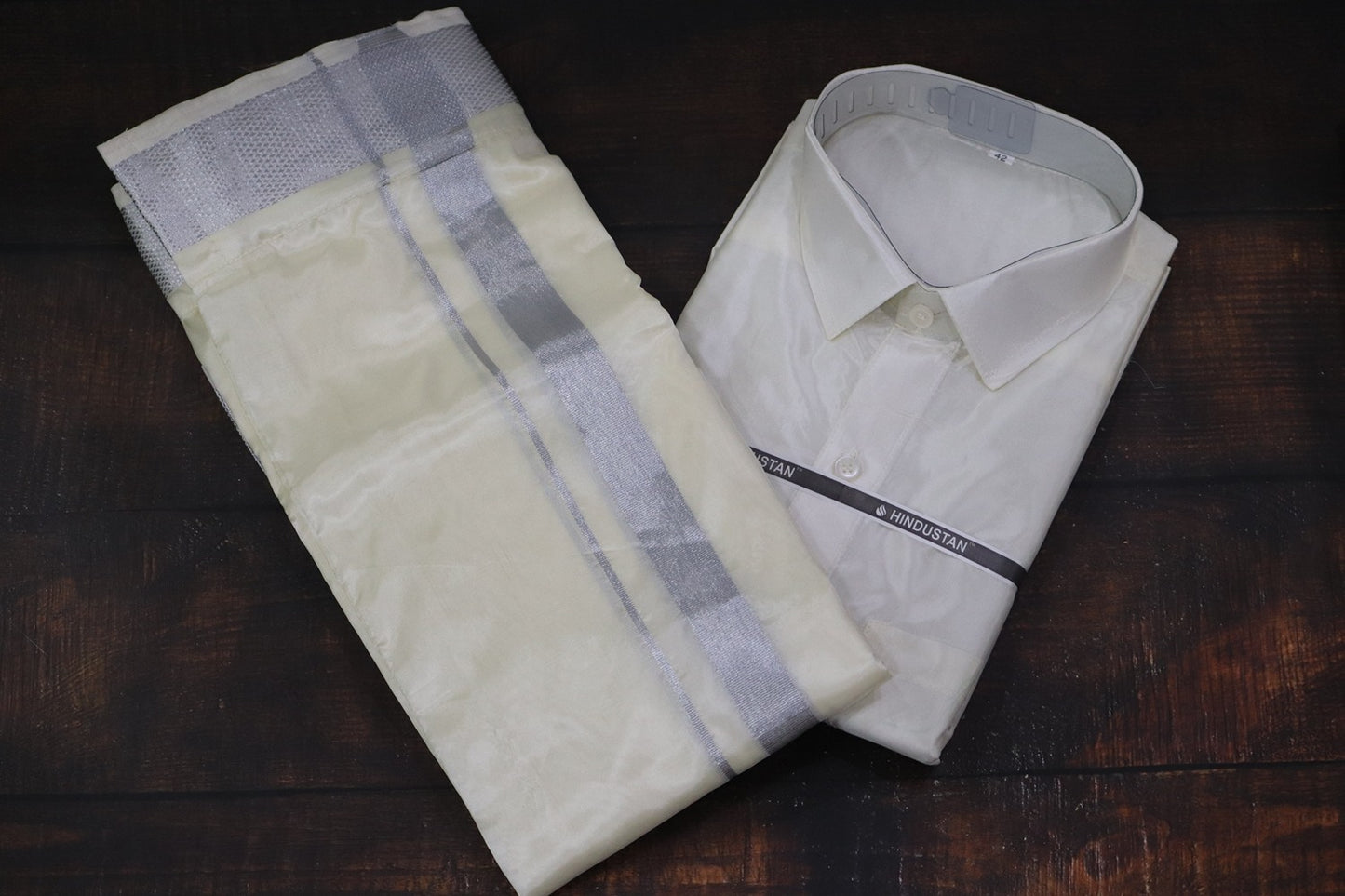 Artsilk Cream Shirt+Dhoti 100k Silver Border Matching Set