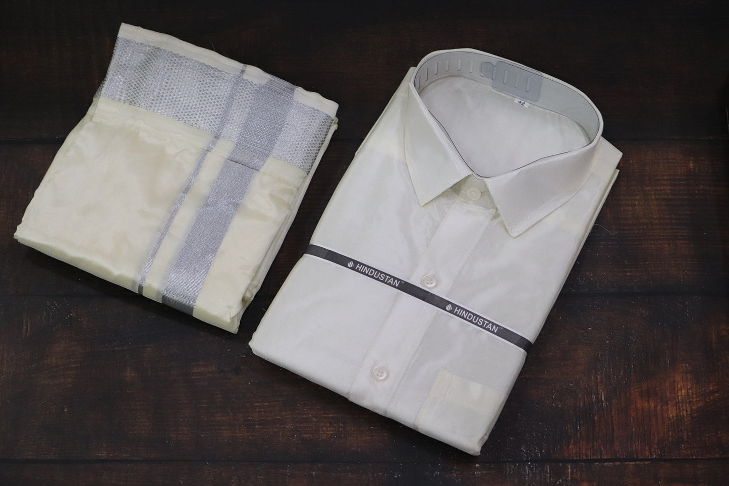 Artsilk Cream Shirt+Dhoti 100k Silver Border Matching Set