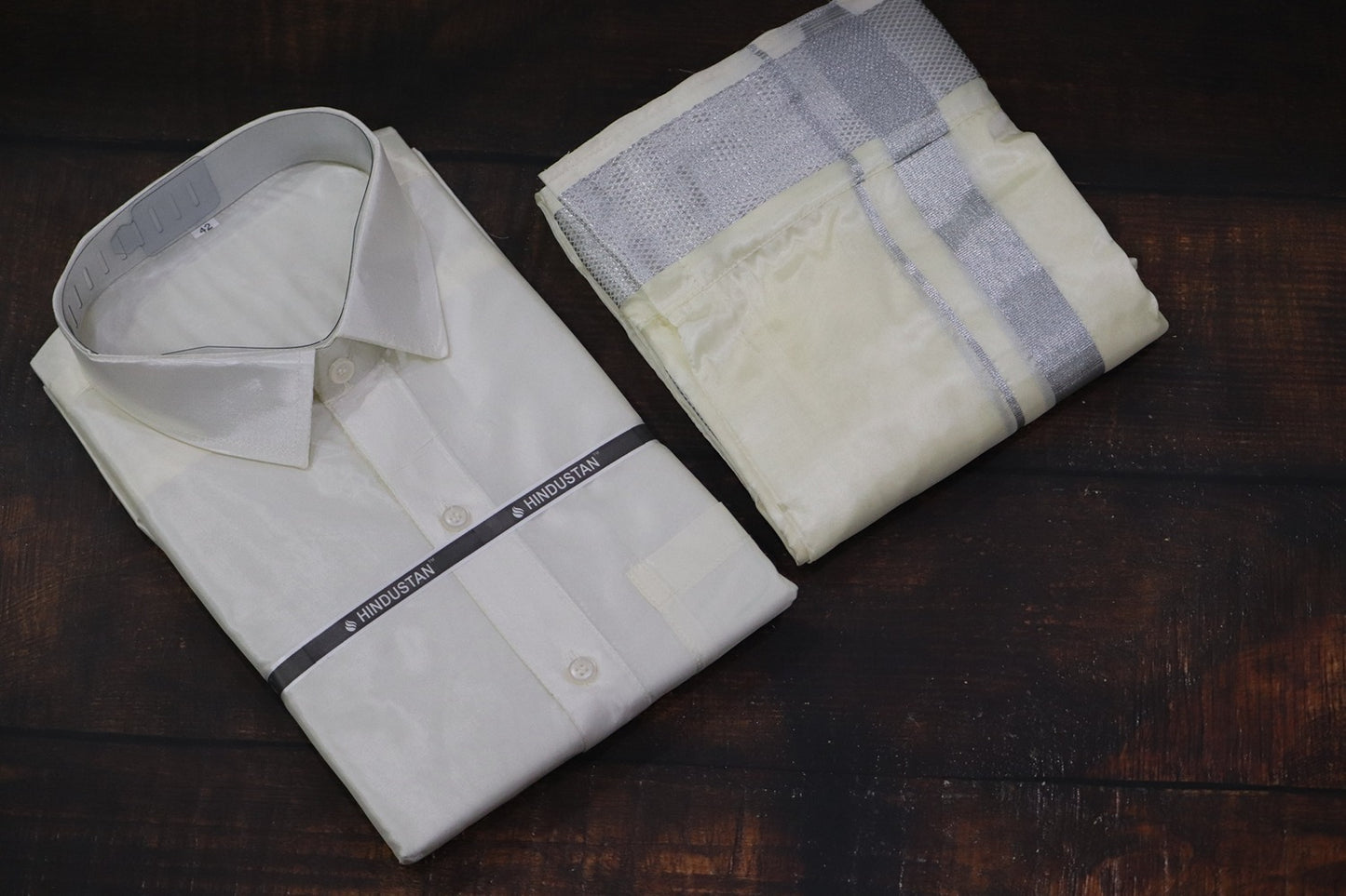 Artsilk Cream Shirt+Dhoti 100k Silver Border Matching Set