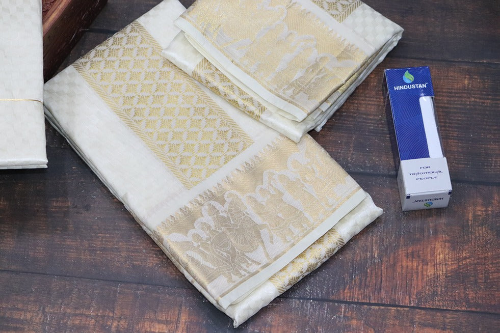 Aryan Silk Mix Cream Shirt Material+Dhoti Combo Set (SELVAN EDITION)
