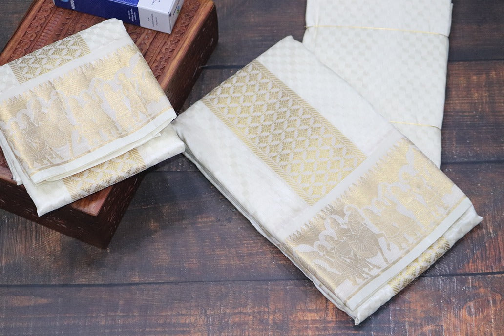 Aryan Silk Mix Cream Shirt Material+Dhoti Combo Set (SELVAN EDITION)