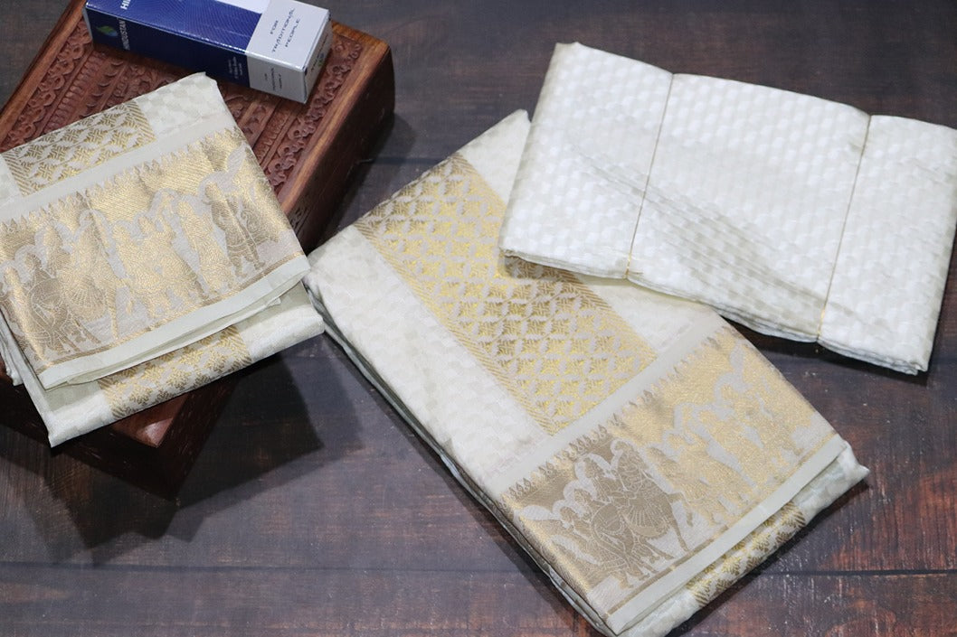 Aryan Silk Mix Cream Shirt Material+Dhoti Combo Set (SELVAN EDITION)