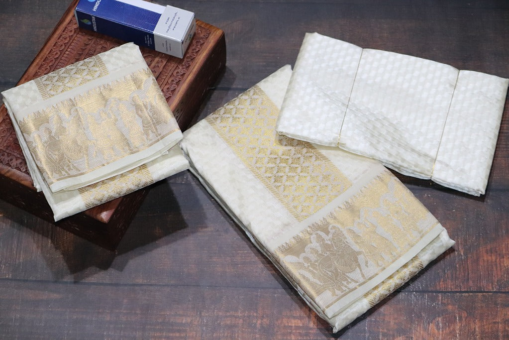 Aryan Silk Mix Cream Shirt Material+Dhoti Combo Set (SELVAN EDITION)