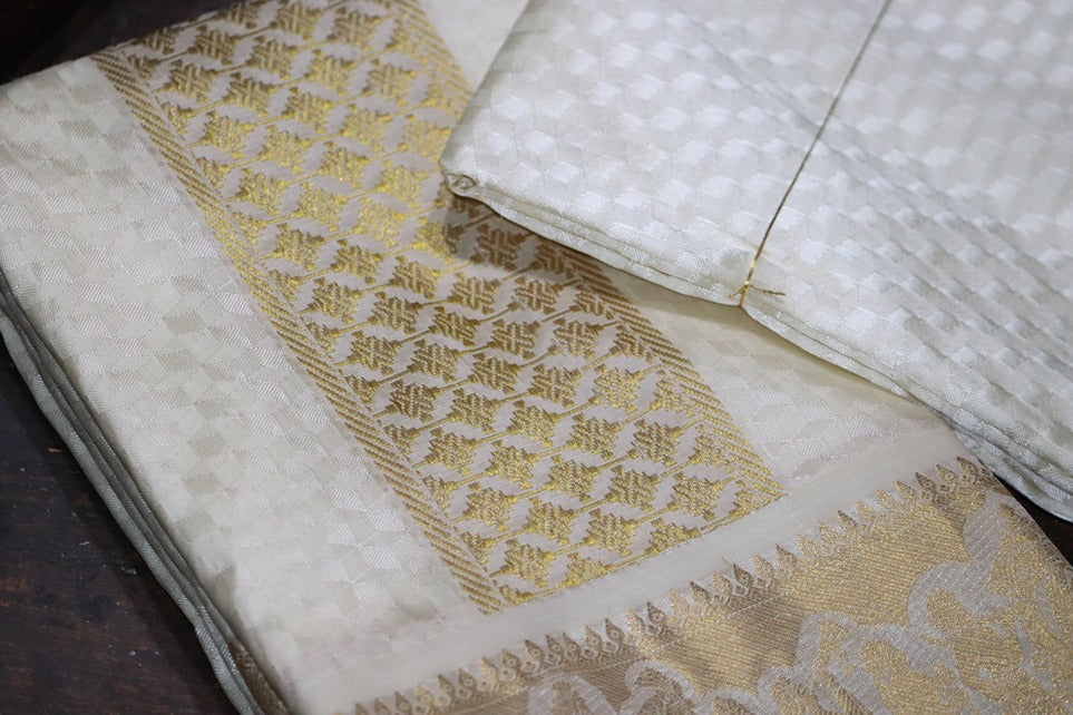 Aryan Silk Mix Cream Shirt Material+Dhoti Combo Set (SELVAN EDITION)