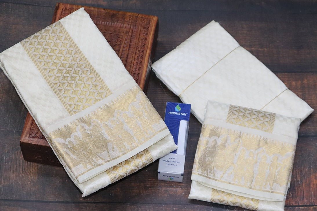Aryan Silk Mix Cream Shirt Material+Dhoti Combo Set (SELVAN EDITION)