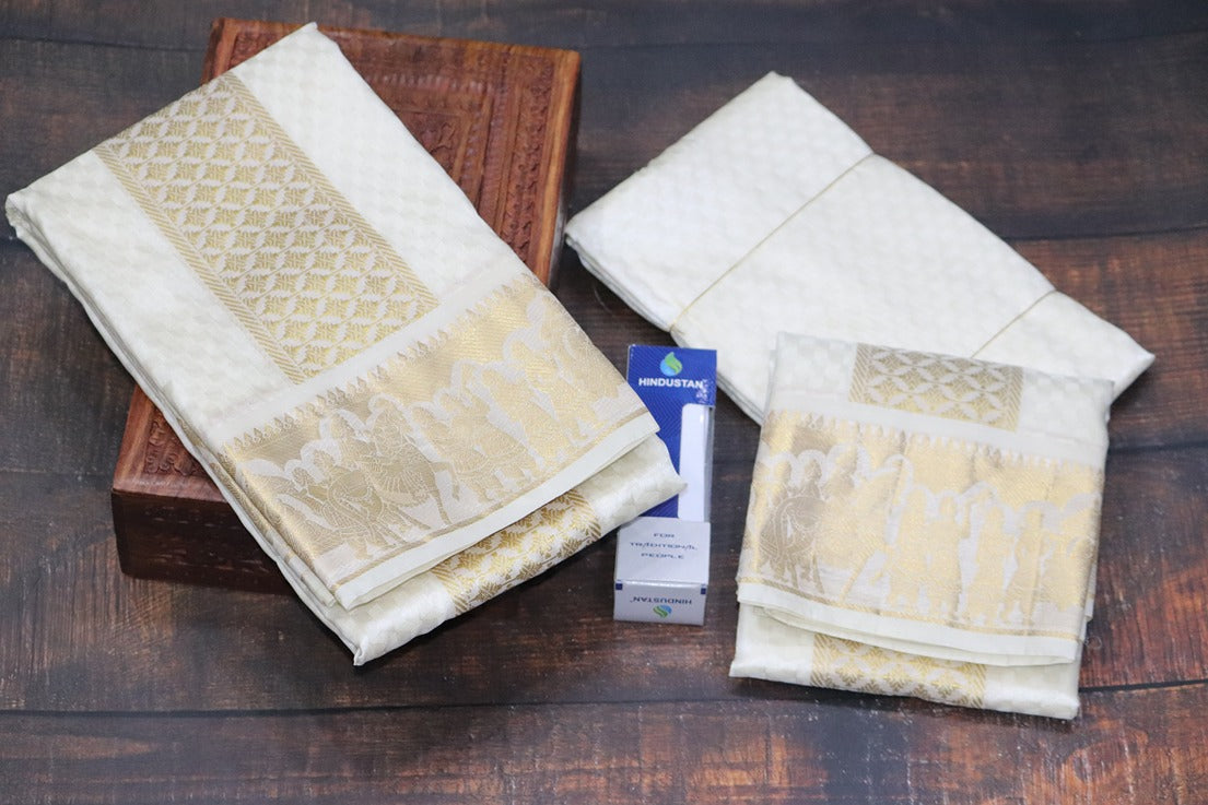 Aryan Silk Mix Cream Shirt Material+Dhoti Combo Set (SELVAN EDITION)