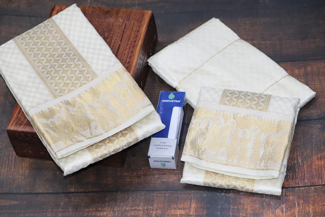 Aryan Silk Mix Cream Shirt Material+Dhoti Combo Set (SELVAN EDITION)