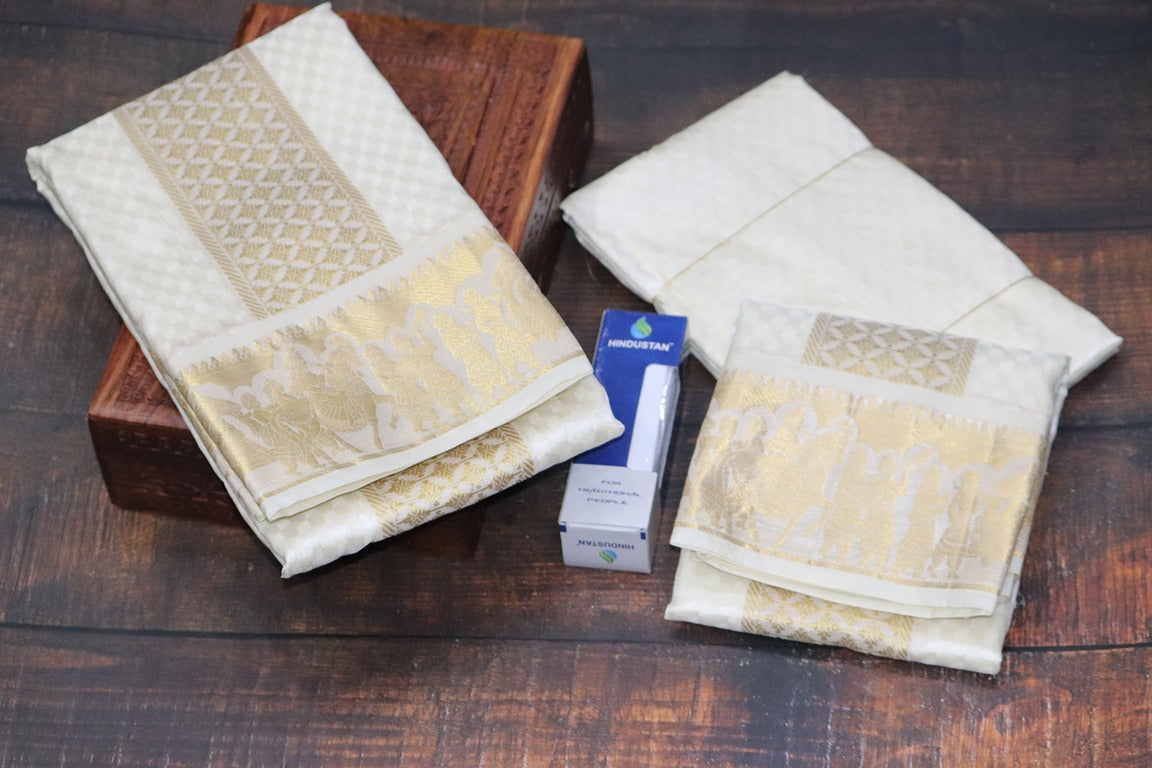 Aryan Silk Mix Cream Shirt Material+Dhoti Combo Set (SELVAN EDITION)