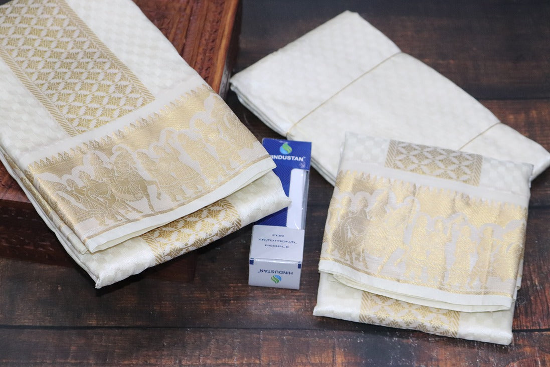 Aryan Silk Mix Cream Shirt Material+Dhoti Combo Set (SELVAN EDITION)