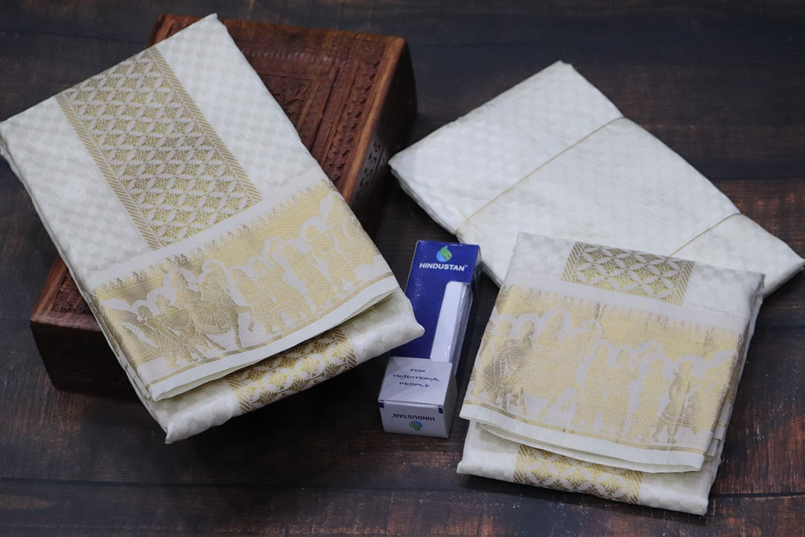 Aryan Silk Mix Cream Shirt Material+Dhoti Combo Set (SELVAN EDITION)