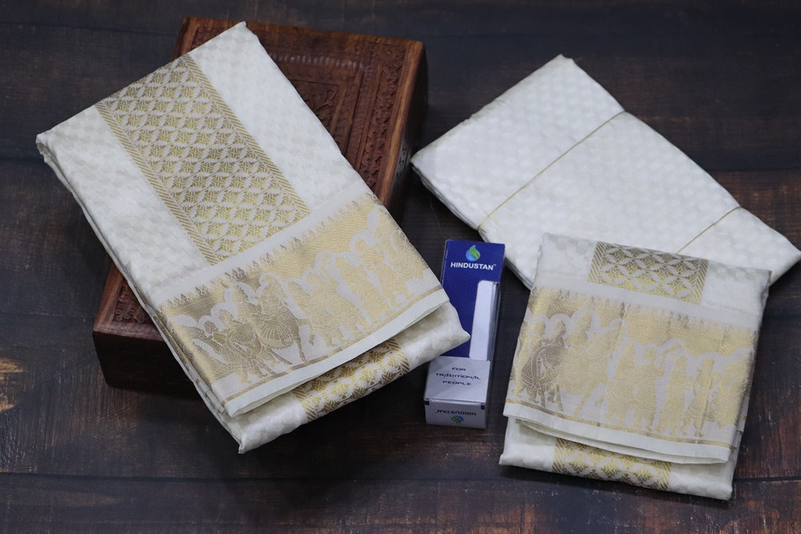 Aryan Silk Mix Cream Shirt Material+Dhoti Combo Set (SELVAN EDITION)