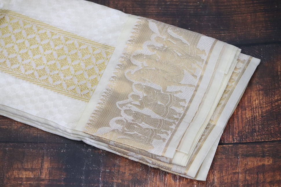 Aryan Silk Mix Cream Shirt Material+Dhoti Combo Set (SELVAN EDITION)