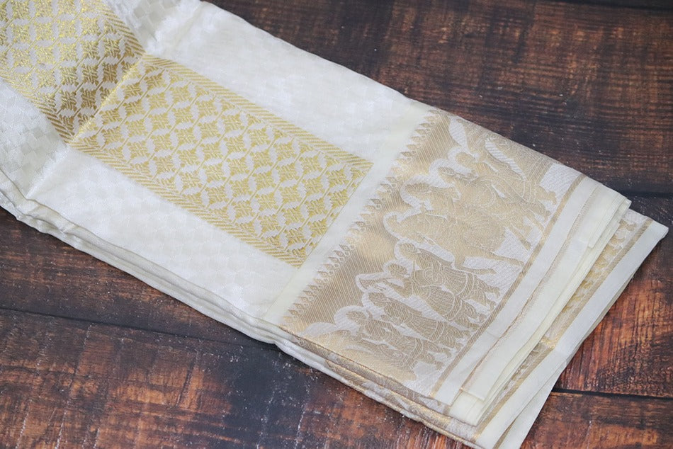 Aryan Silk Mix Cream Shirt Material+Dhoti Combo Set (SELVAN EDITION)