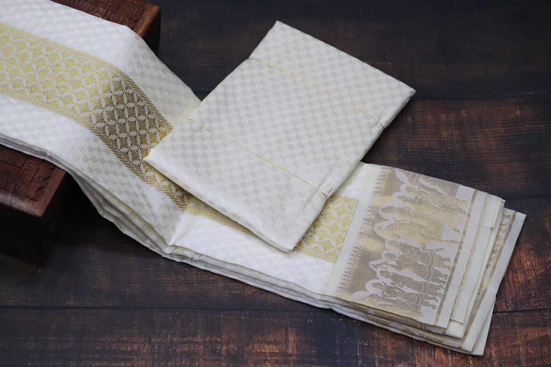 Aryan Silk Mix Cream Shirt Material+Dhoti Combo Set (SELVAN EDITION)