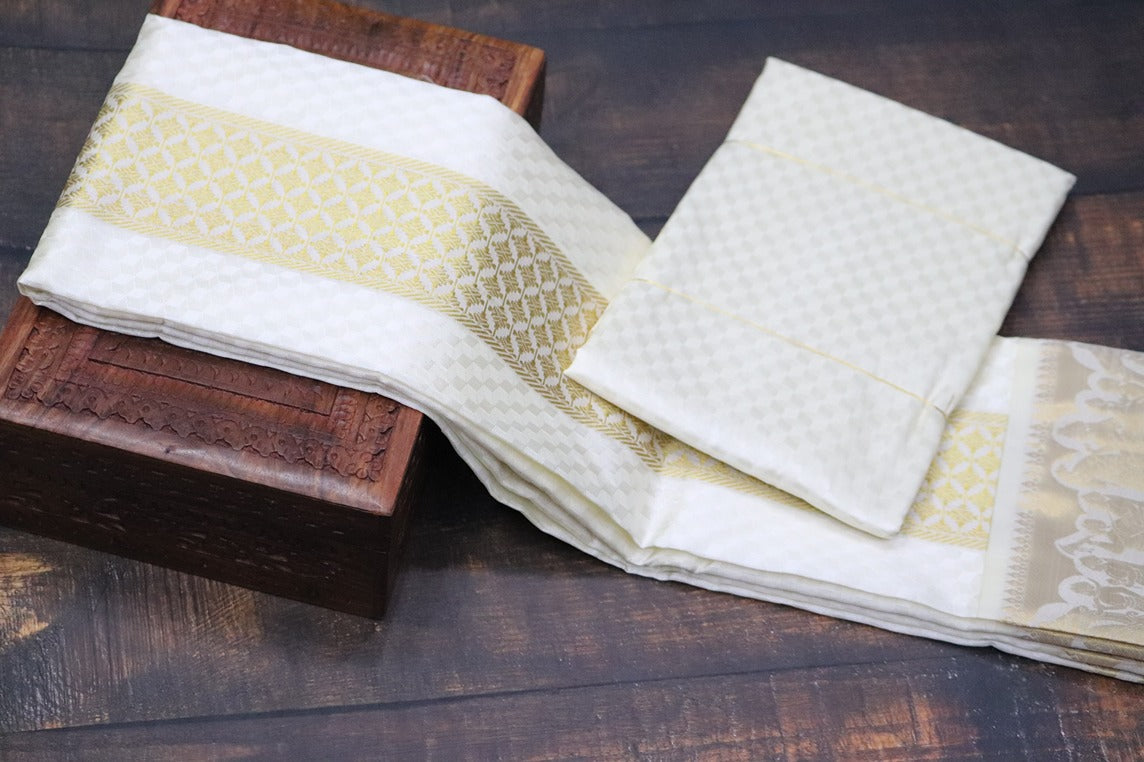 Aryan Silk Mix Cream Shirt Material+Dhoti Combo Set (SELVAN EDITION)