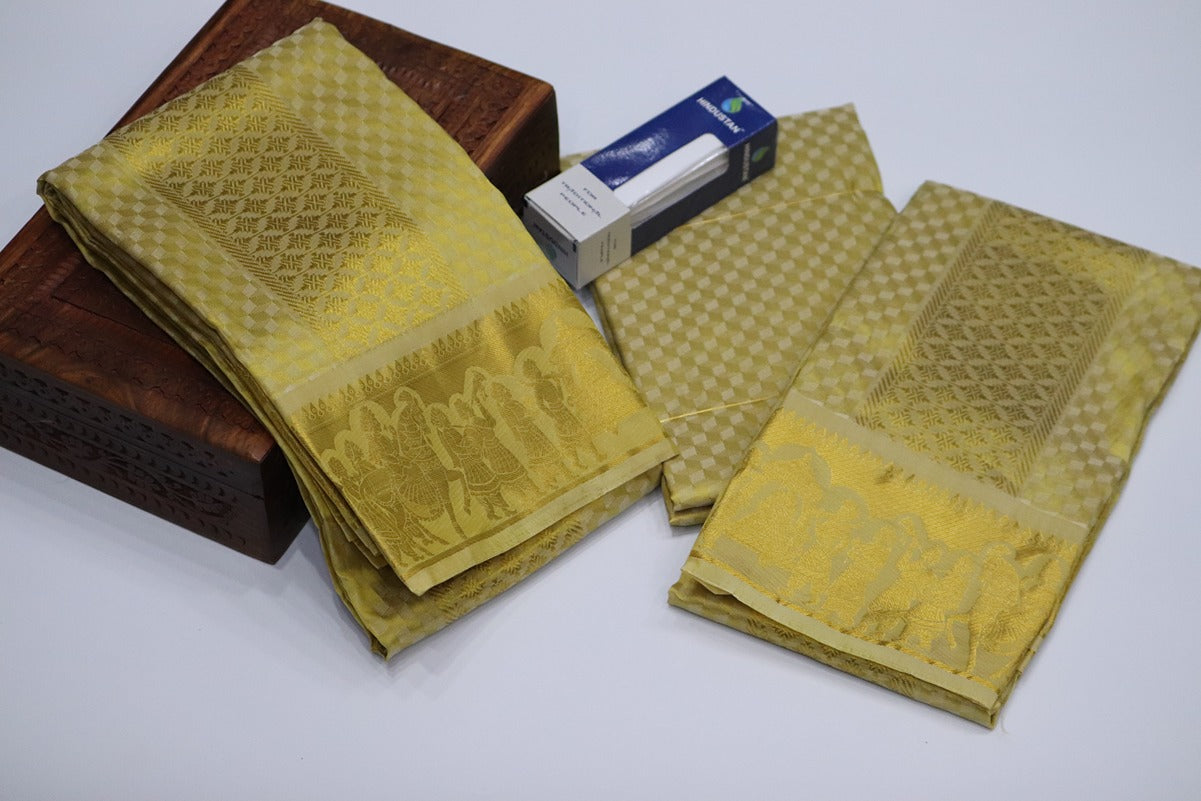 Aryan Silk Mix Ancient Metallic Gold Shirt Material+Dhoti Set (MANNAN EDITION)
