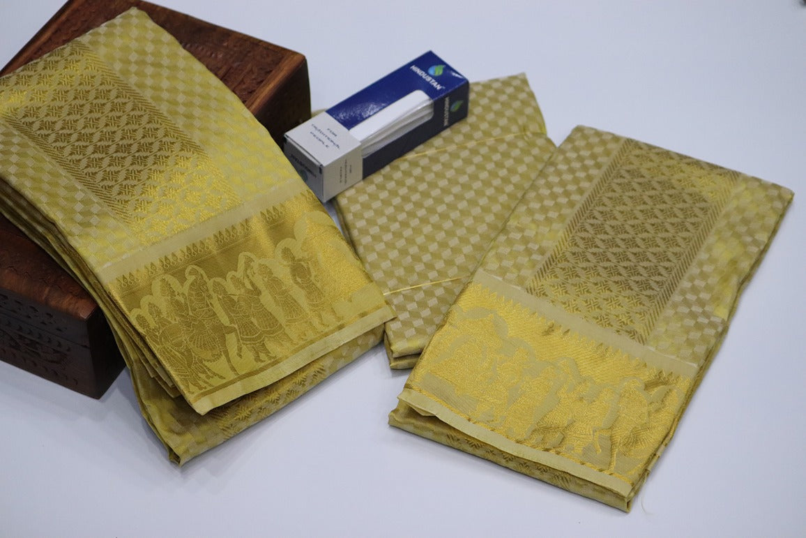 Aryan Silk Mix Ancient Metallic Gold Shirt Material+Dhoti Set (MANNAN EDITION)