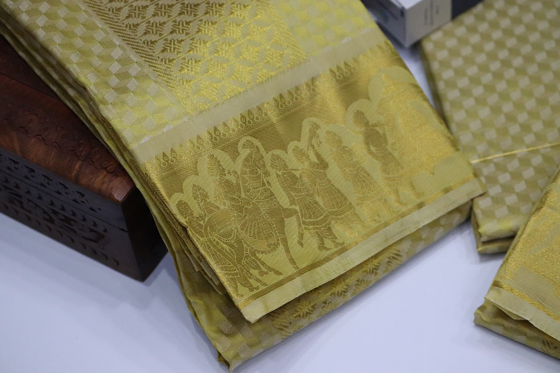 Aryan Silk Mix Ancient Metallic Gold Shirt Material+Dhoti Set (MANNAN EDITION)