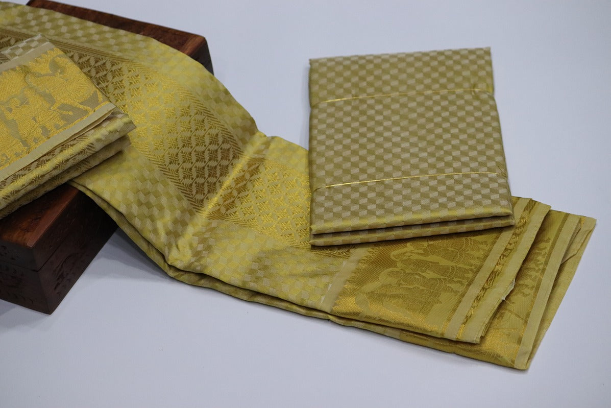 Aryan Silk Mix Ancient Metallic Gold Shirt Material+Dhoti Set (MANNAN EDITION)