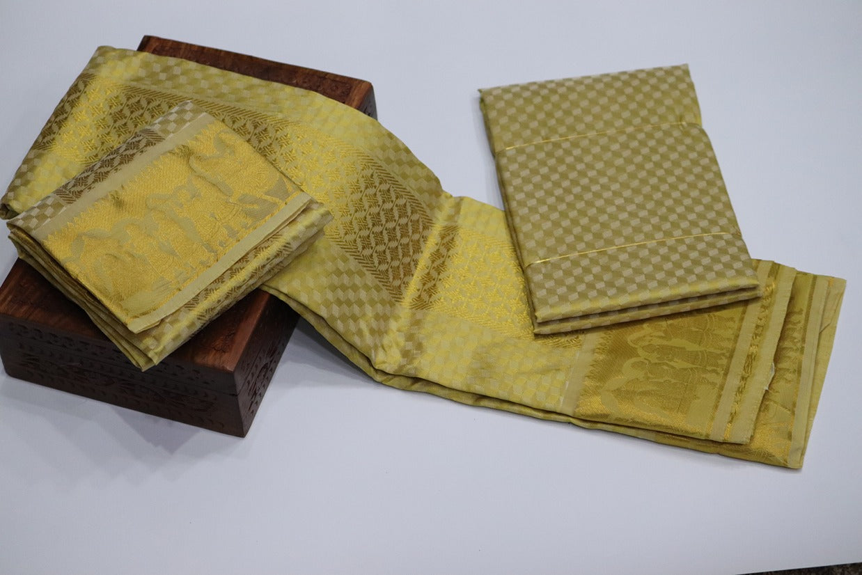 Aryan Silk Mix Ancient Metallic Gold Shirt Material+Dhoti Set (MANNAN EDITION)