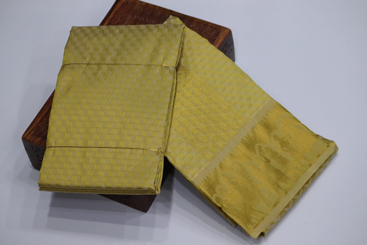 Aryan Silk Mix Ancient Metallic Gold Shirt Material+Dhoti Set (MANNAN EDITION)