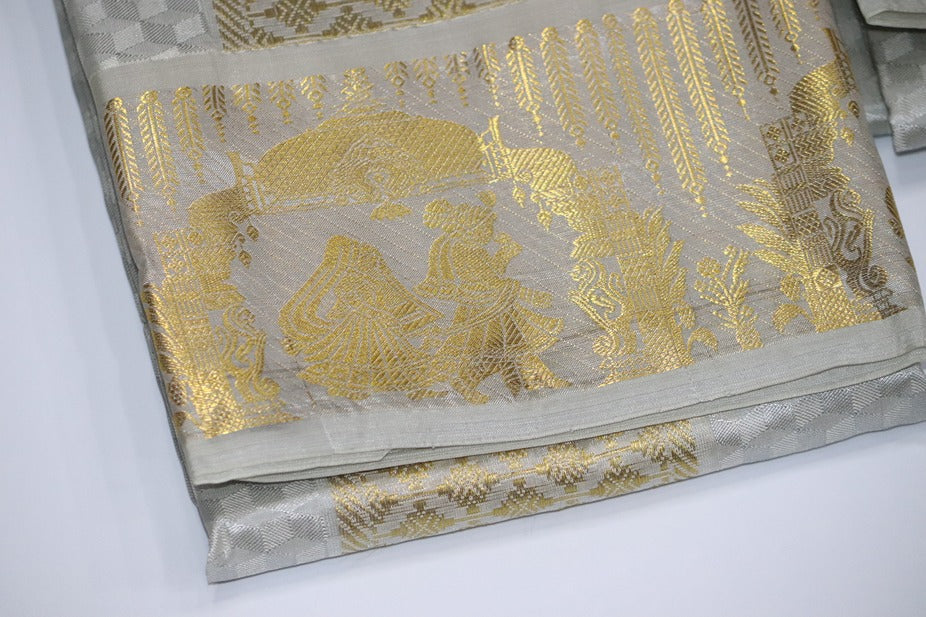 Aryan Silk Mix Ancient Metallic Silver Shirt Material+Dhoti Combo Set (ARULMOZHI EDITION)