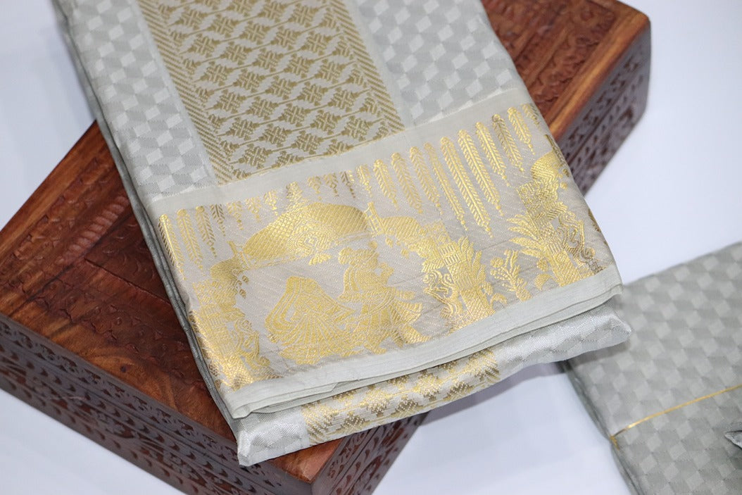 Aryan Silk Mix Ancient Metallic Silver Shirt Material+Dhoti Combo Set (ARULMOZHI EDITION)