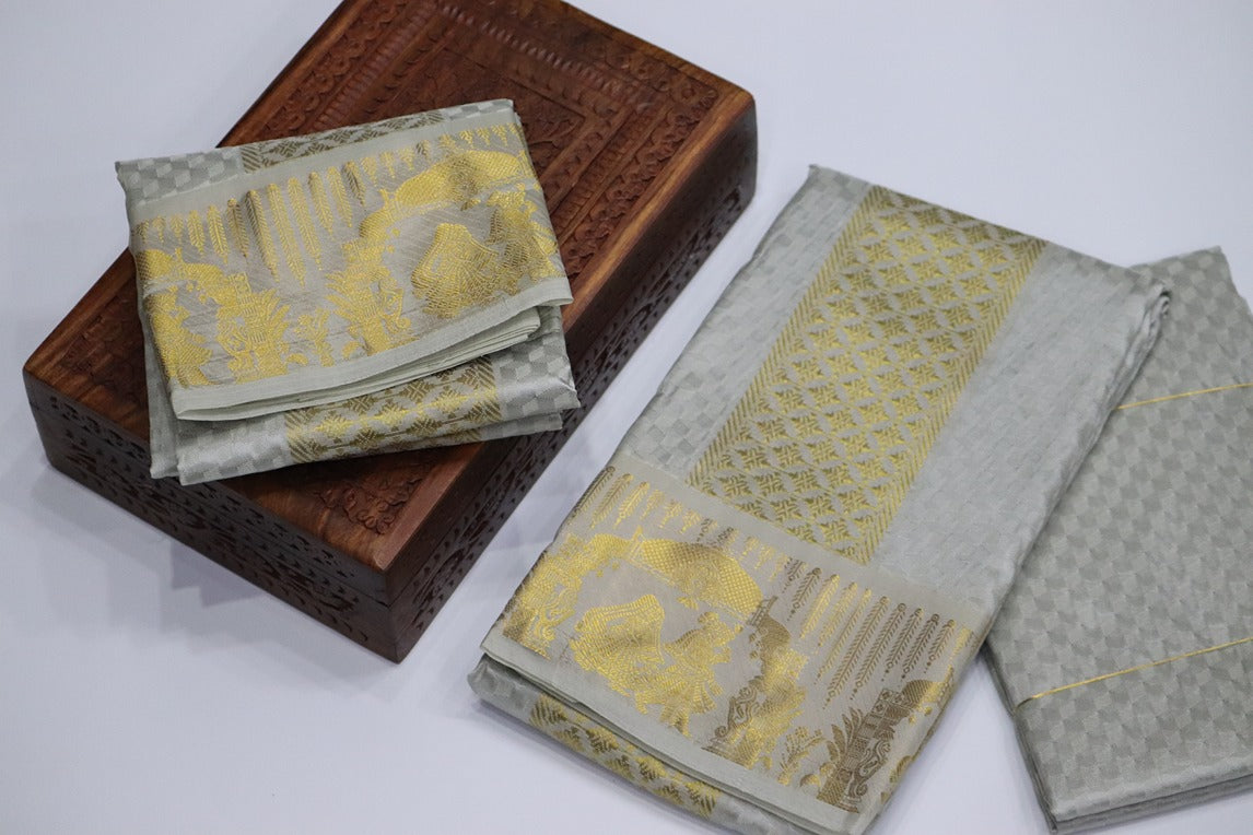 Aryan Silk Mix Ancient Metallic Silver Shirt Material+Dhoti Combo Set (ARULMOZHI EDITION)