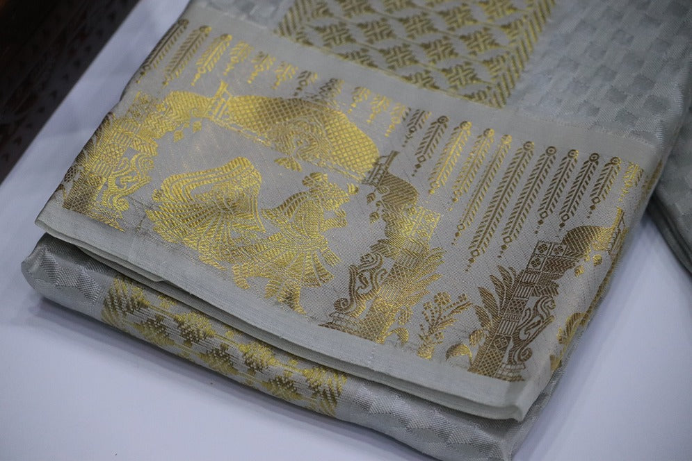 Aryan Silk Mix Ancient Metallic Silver Shirt Material+Dhoti Combo Set (ARULMOZHI EDITION)