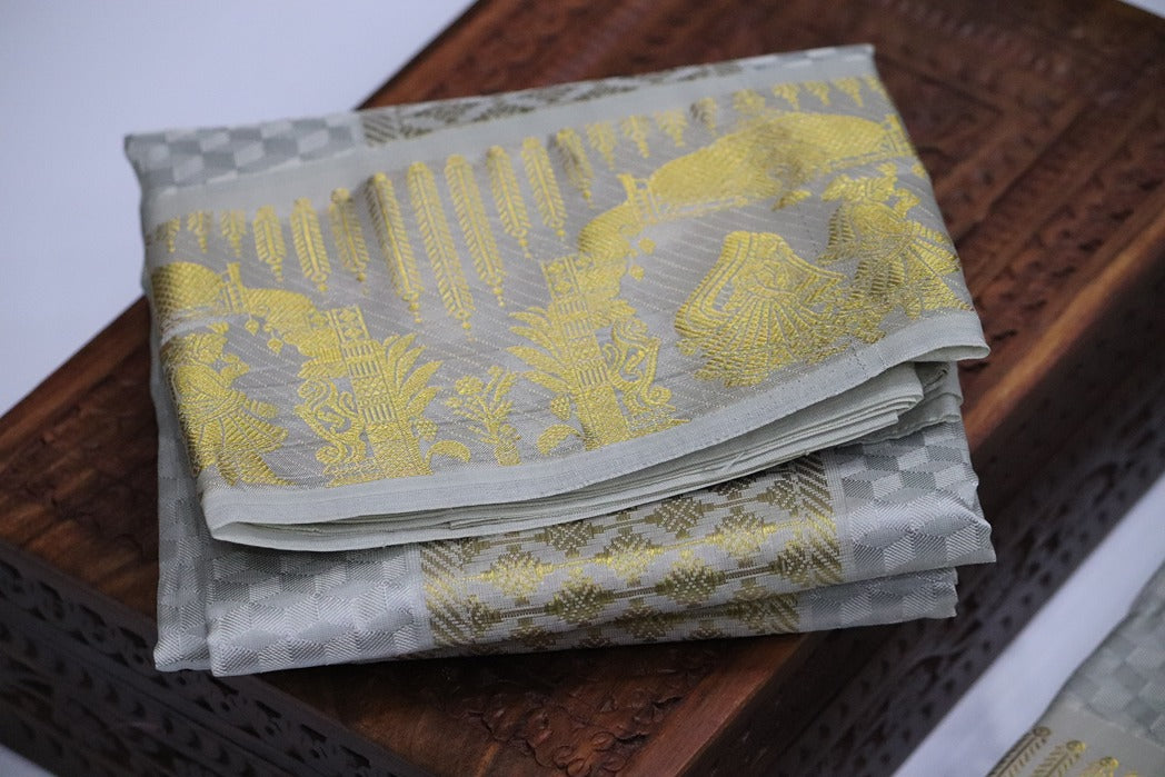 Aryan Silk Mix Ancient Metallic Silver Shirt Material+Dhoti Combo Set (ARULMOZHI EDITION)