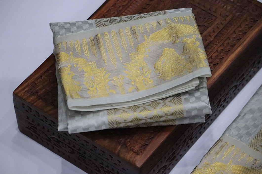 Aryan Silk Mix Ancient Metallic Silver Shirt Material+Dhoti Combo Set (ARULMOZHI EDITION)