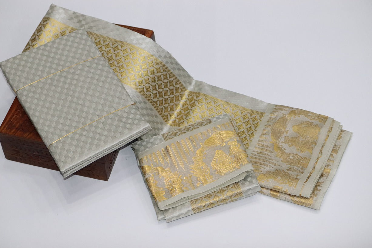 Aryan Silk Mix Ancient Metallic Silver Shirt Material+Dhoti Combo Set (ARULMOZHI EDITION)