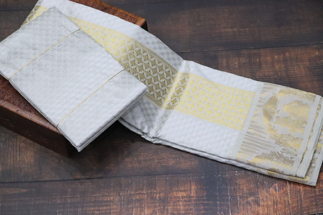 Aryan Silk Mix Ancient Metallic Silver Shirt Material+Dhoti Combo Set (ARULMOZHI EDITION)