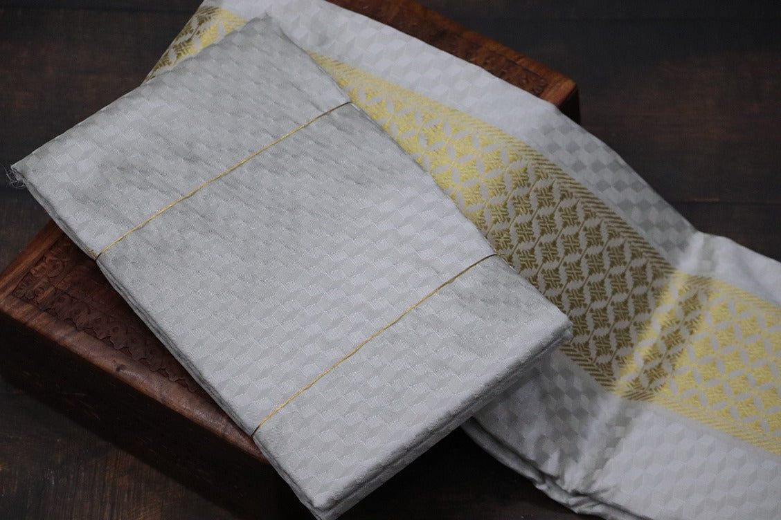 Aryan Silk Mix Ancient Metallic Silver Shirt Material+Dhoti Combo Set (ARULMOZHI EDITION)