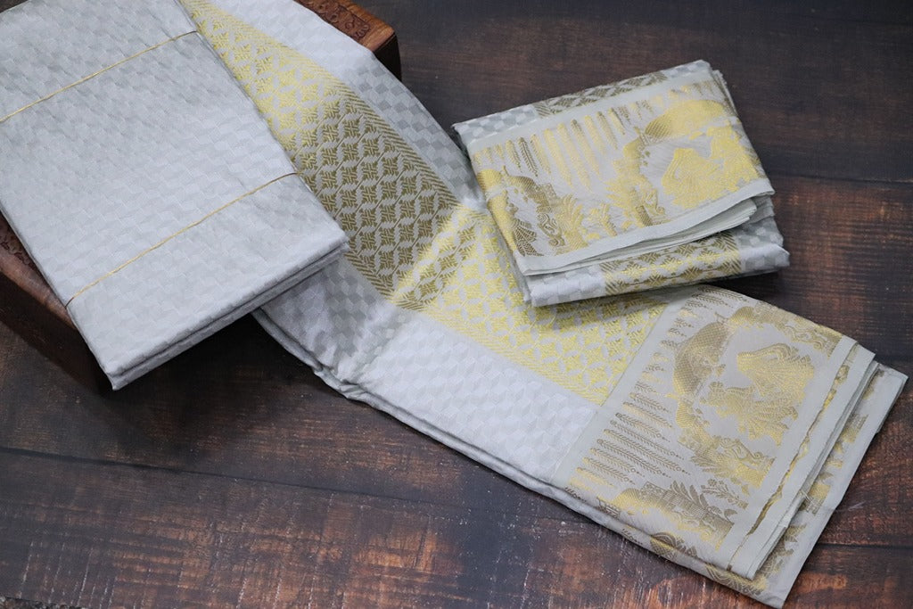 Aryan Silk Mix Ancient Metallic Silver Shirt Material+Dhoti Combo Set (ARULMOZHI EDITION)